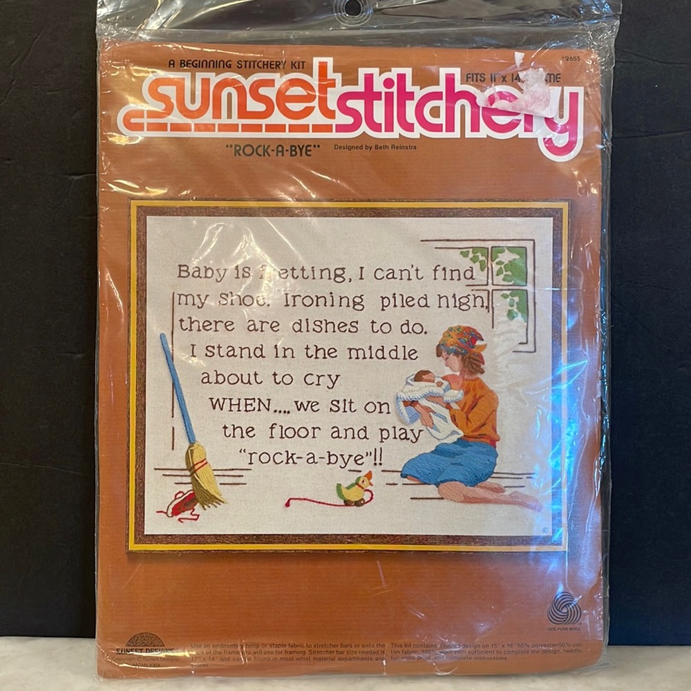 VINTAGE 1979 “Rock-A-Bye” Crewel Embroidery Kit by Sunset Stitchery 15 x 18 NEW